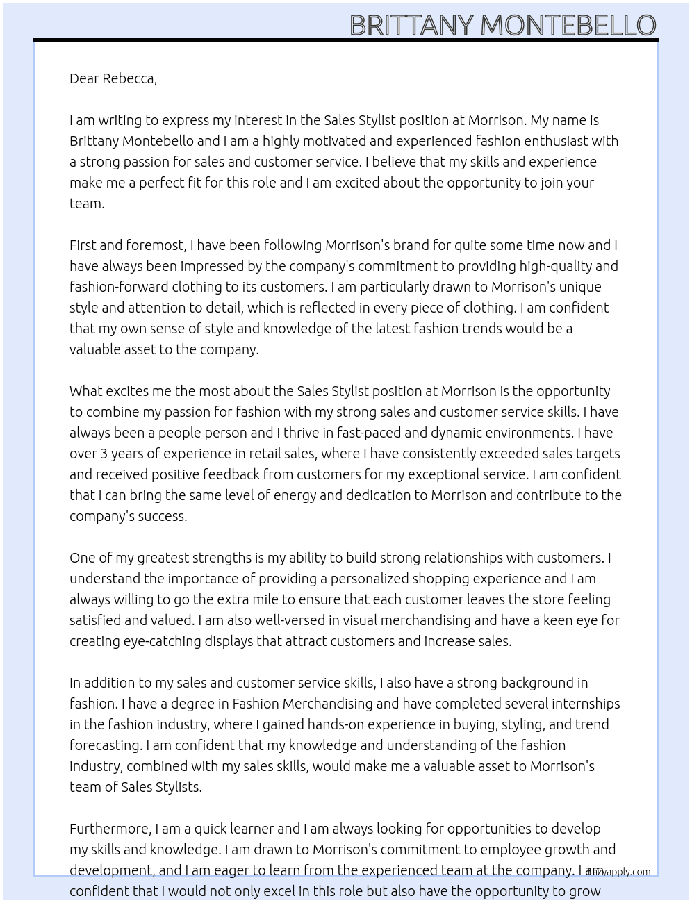 Sales Stylist At Morrison Cover Letter