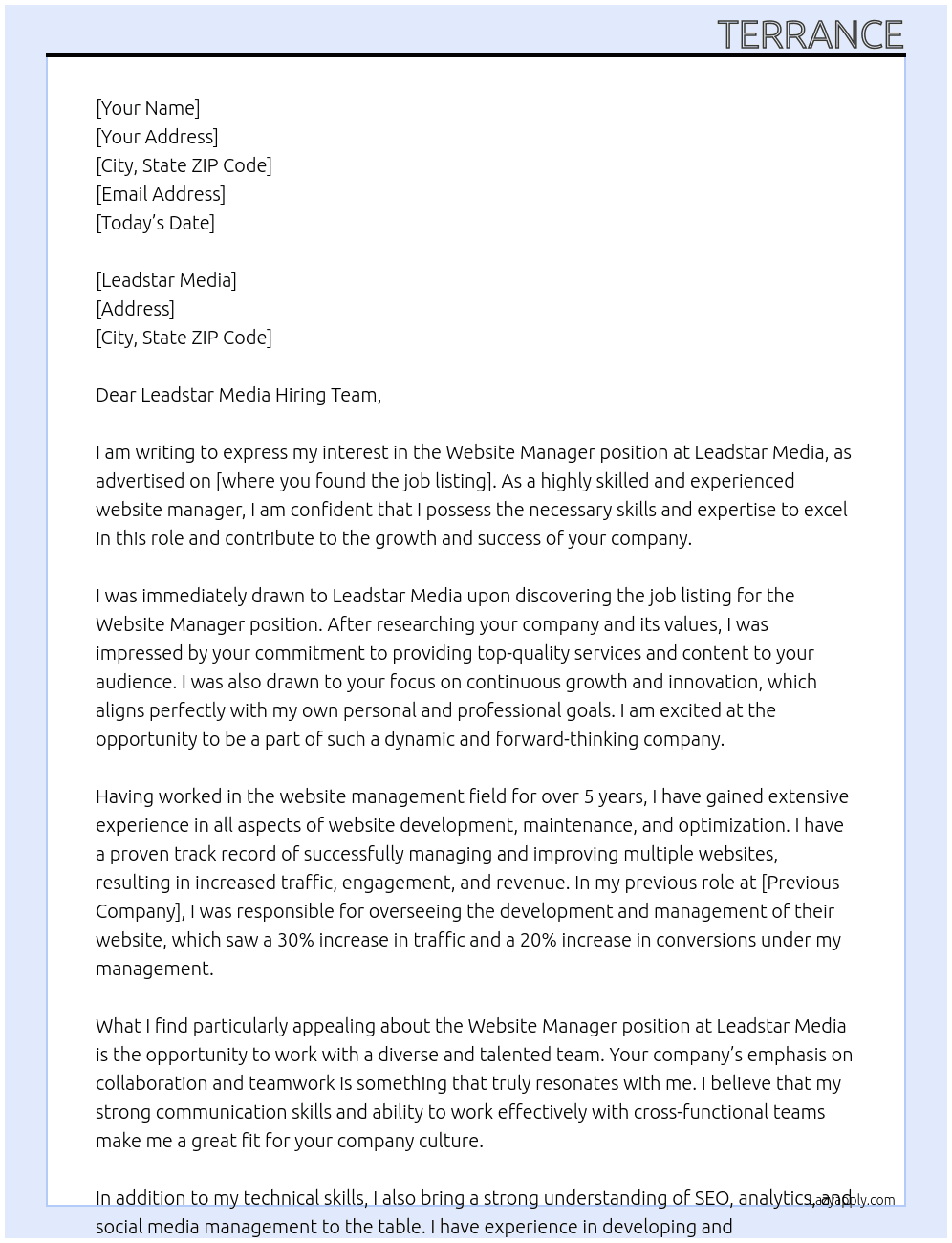 Website manager  At Leadstar media Cover Letter
