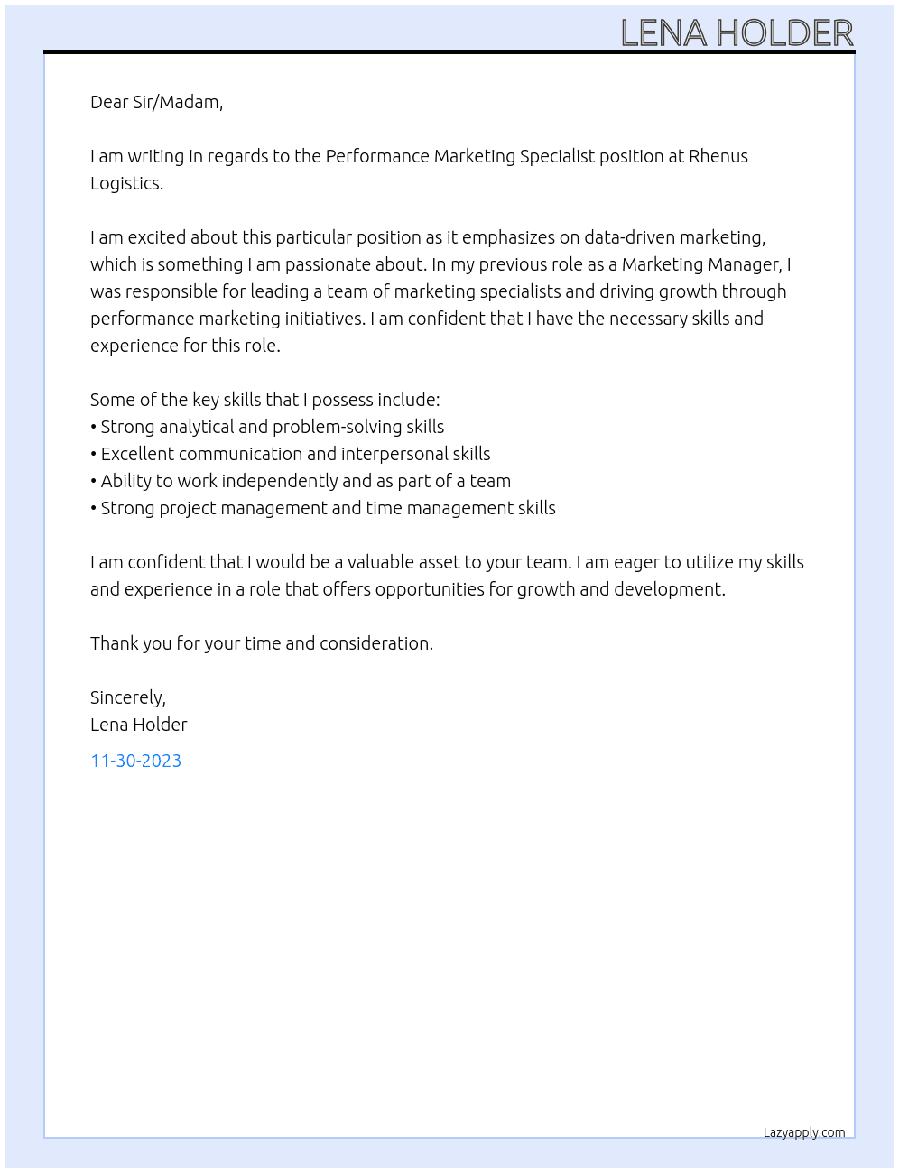 Performance Marketing Specialist  At Rhenus Logistics Cover Letter