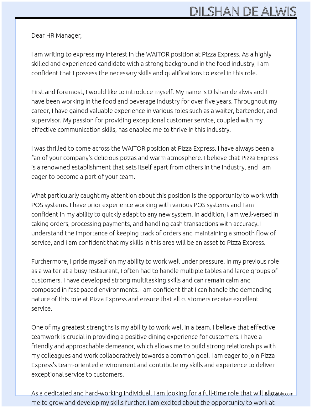 WAITOR At Pizza express Cover Letter