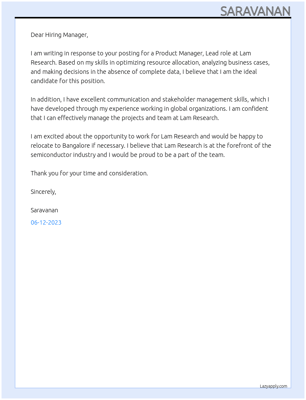 Product Manager, Lead At Lam Research Cover Letter