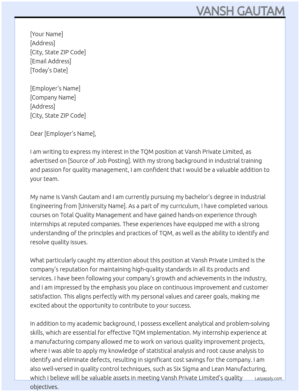 Tqm At Vansh private limited  Cover Letter