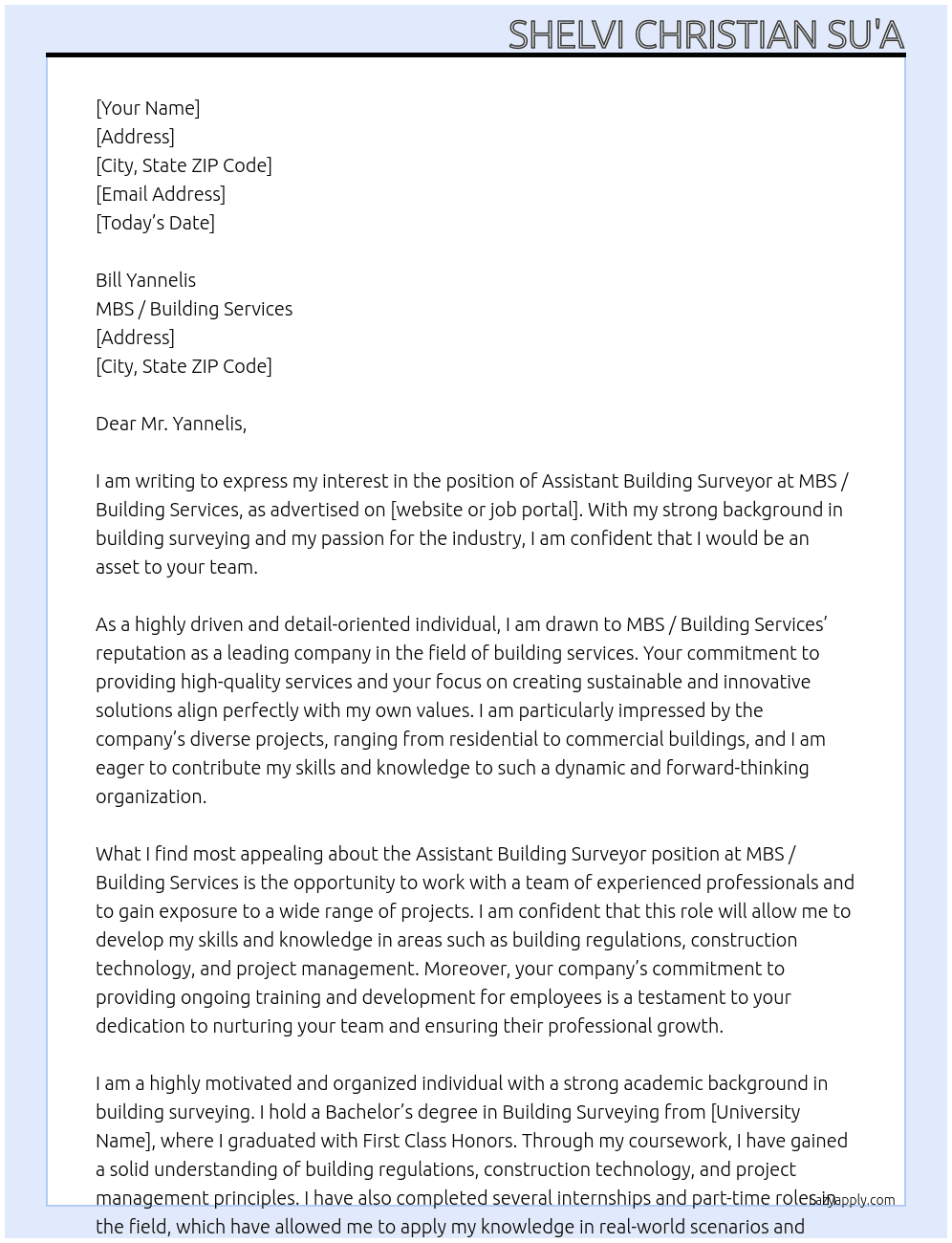  Assistant Building Surveyor At MBS / Building Services Cover Letter