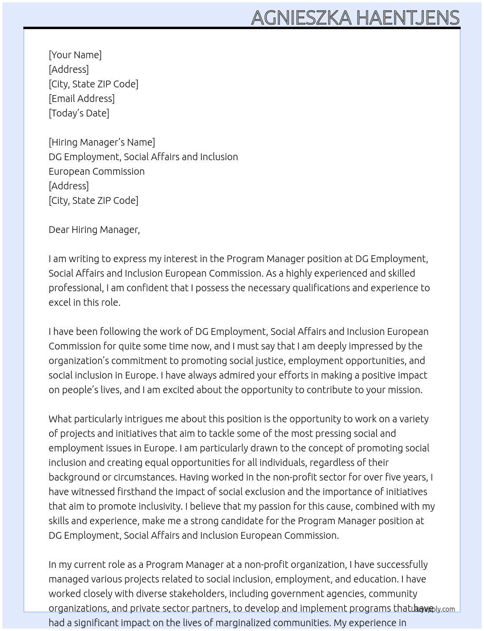 Prgram Manager At DG Employment, Social Affairs and Inclusion European Commission Cover Letter