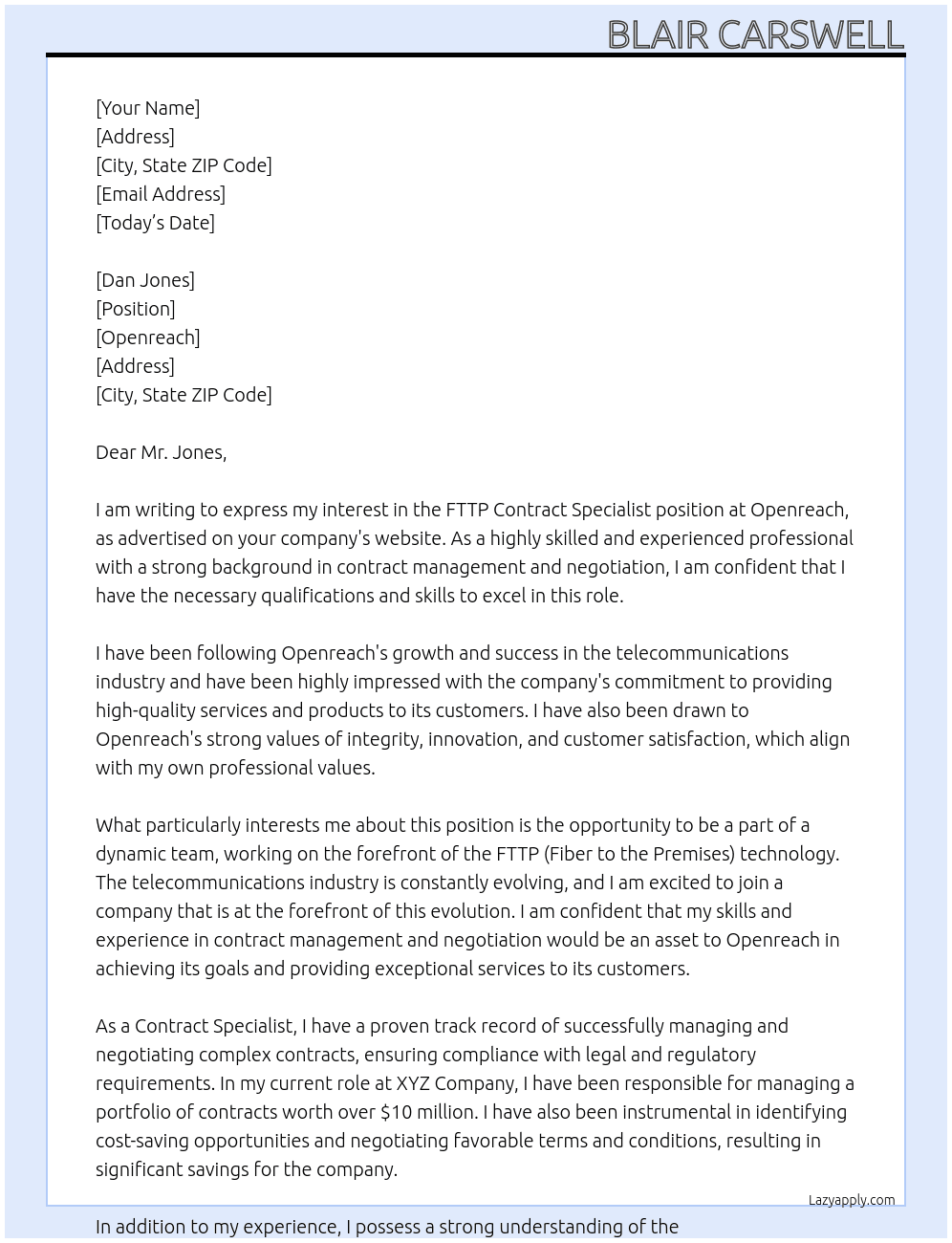 FTTP Contract Specialist At Openreach Cover Letter