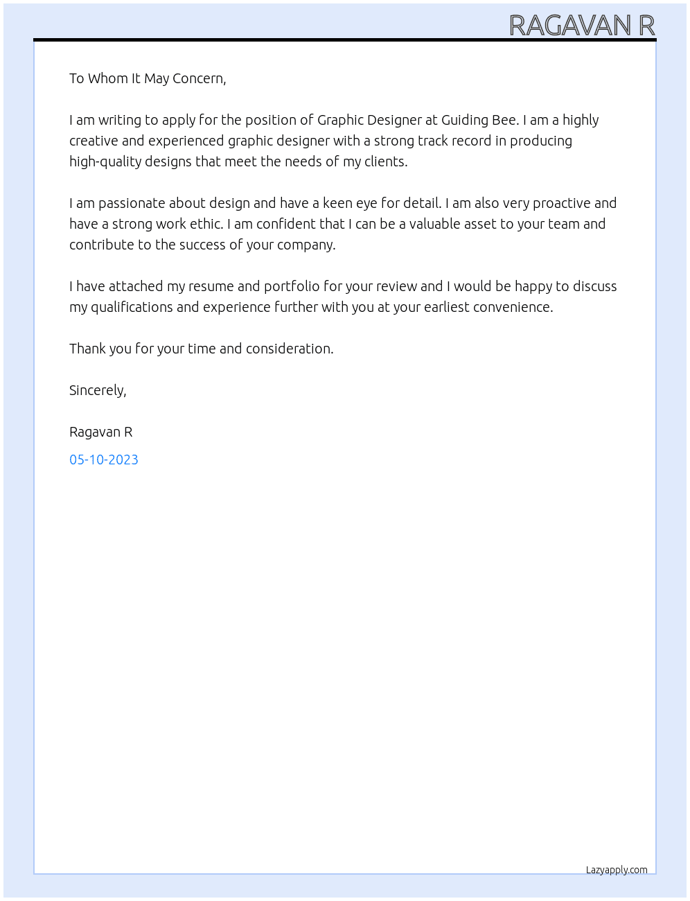 Graphic Designer At Guiding Bee Cover Letter