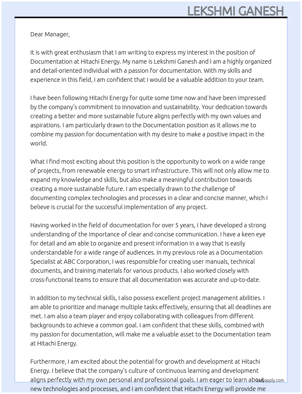 Documentation  At Hitachi Energy  Cover Letter