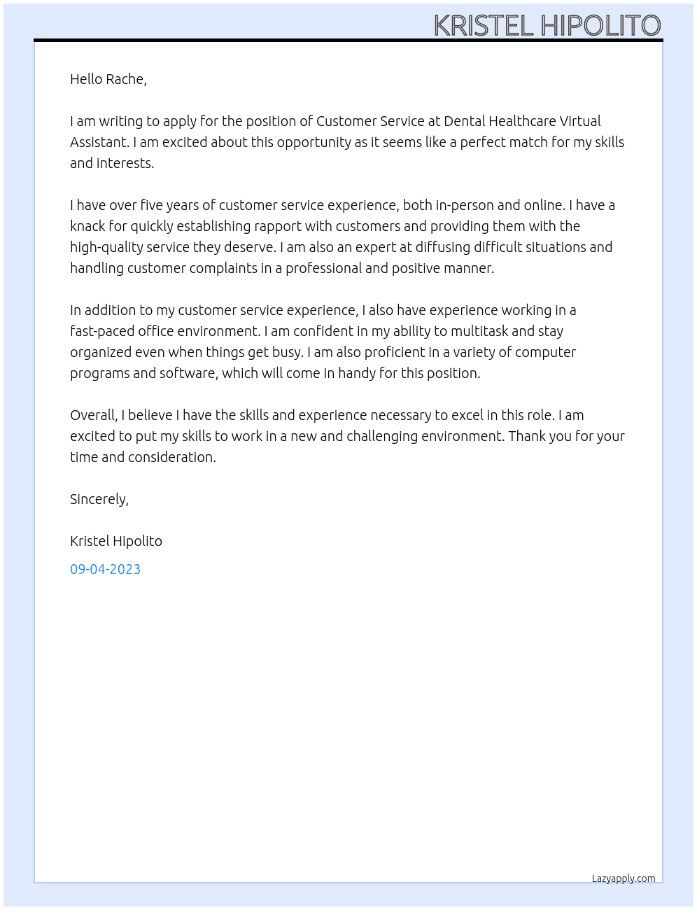 Customer Service At Dental Healthcare Virtual Assistant Cover Letter