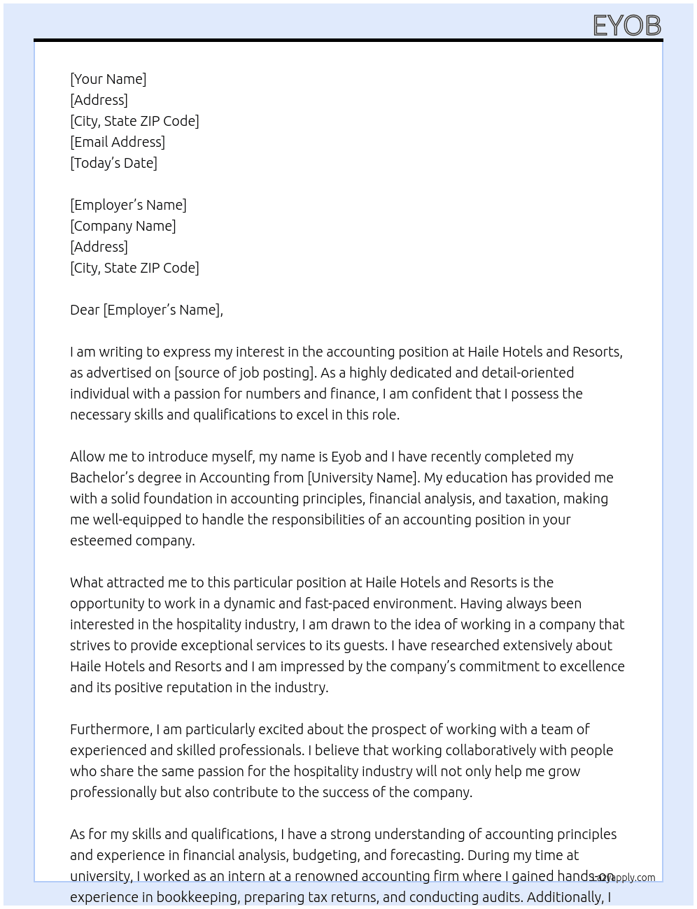 accounting  At Haile Hotels and Resorts Cover Letter