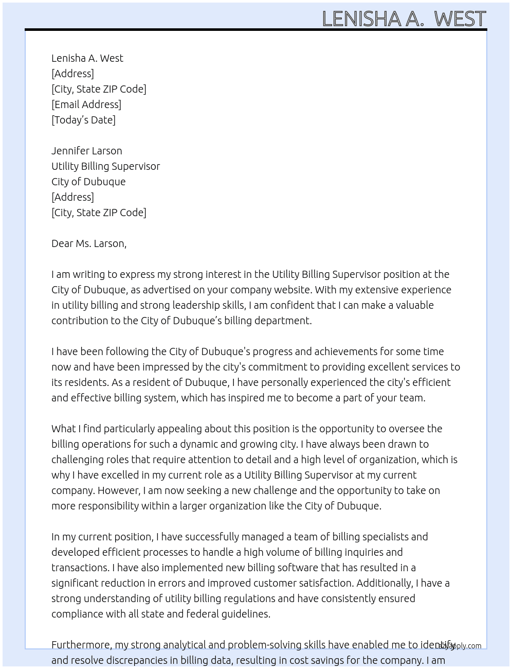 Utility Billing Supervisor At City of Dubuque Cover Letter