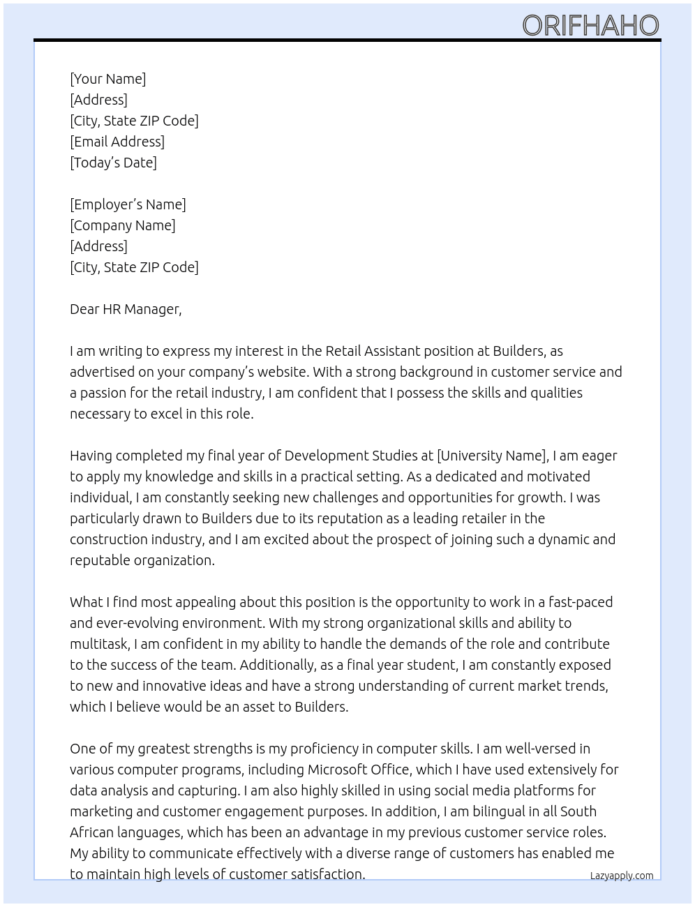 Retail assistant  At Builders  Cover Letter