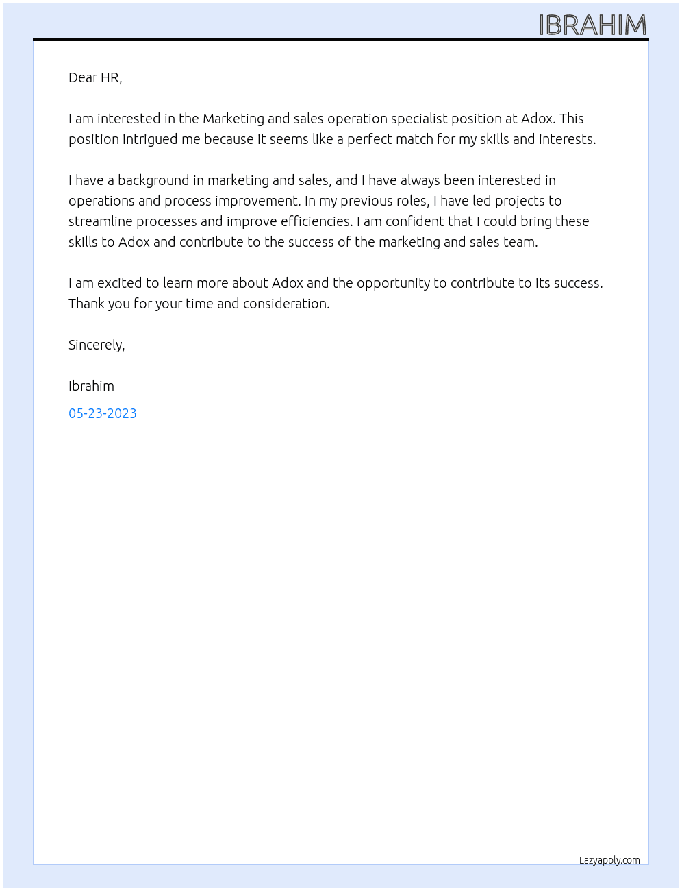 Marketing and sales operation specialist  At Adox Cover Letter