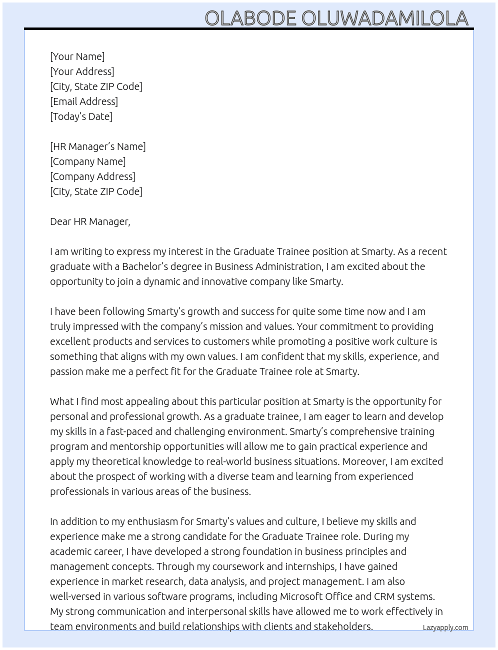 Graduate Trainee  At Smarty  Cover Letter
