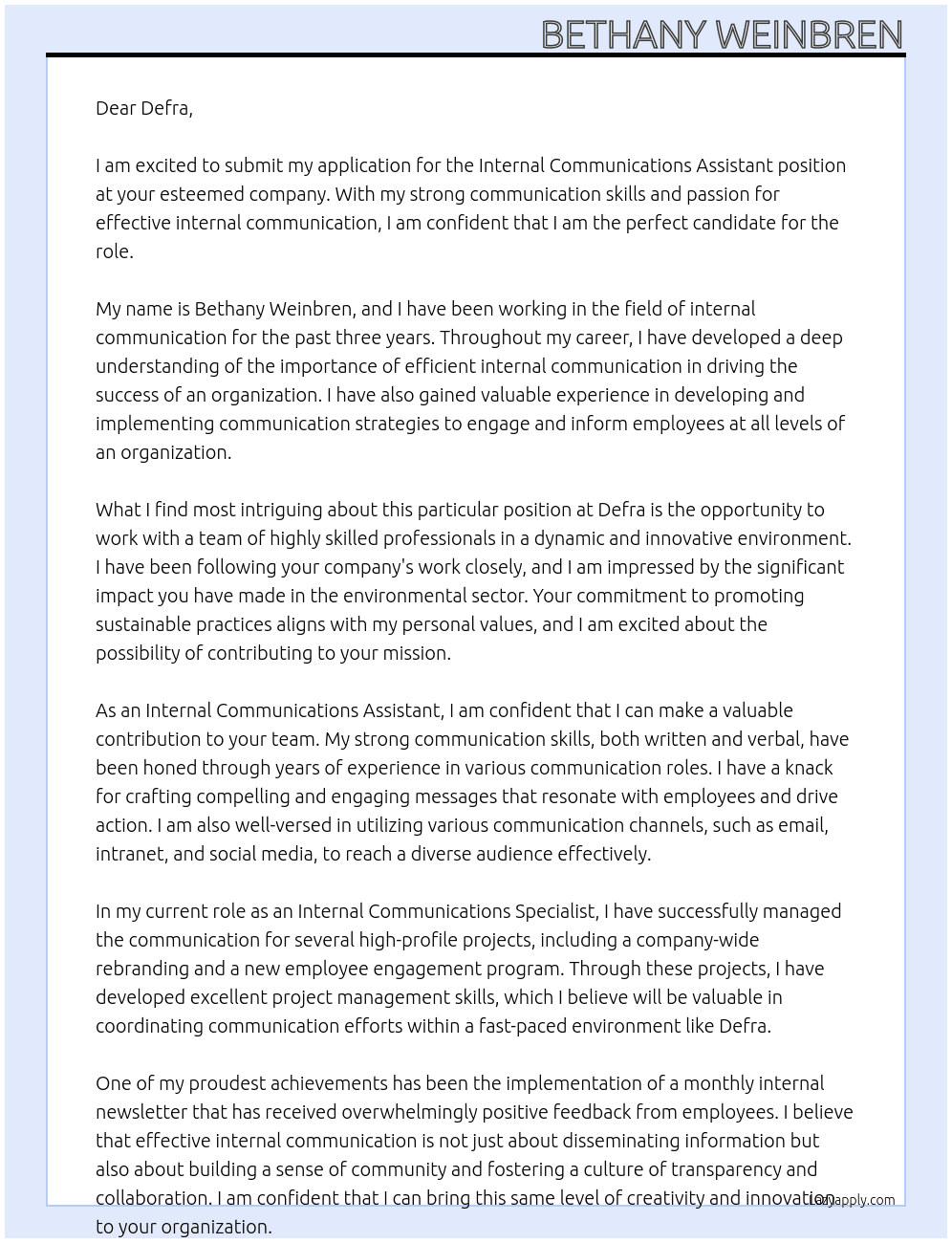 Internal Communications Assistant At defra Cover Letter