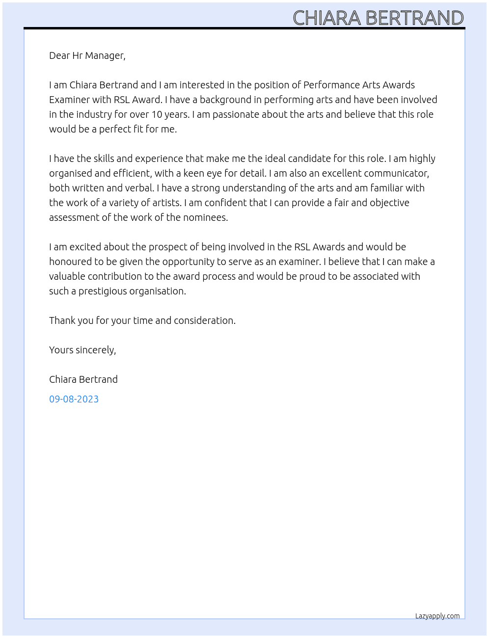 Performance Arts Awards Examiner At RSL Award Cover Letter