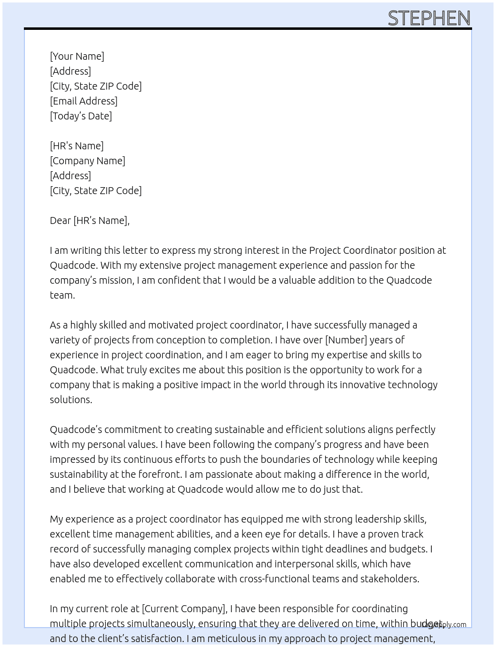 Project coordinator At Quadcode Cover Letter