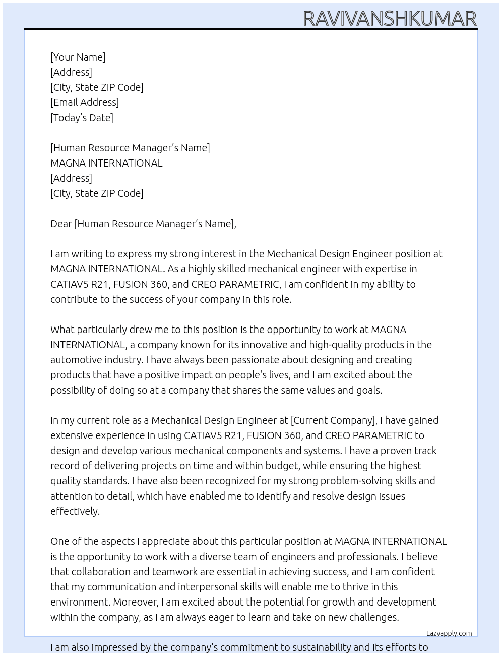 Mechanical Design Engineer At MAGNA INTERNATIONAL Cover Letter