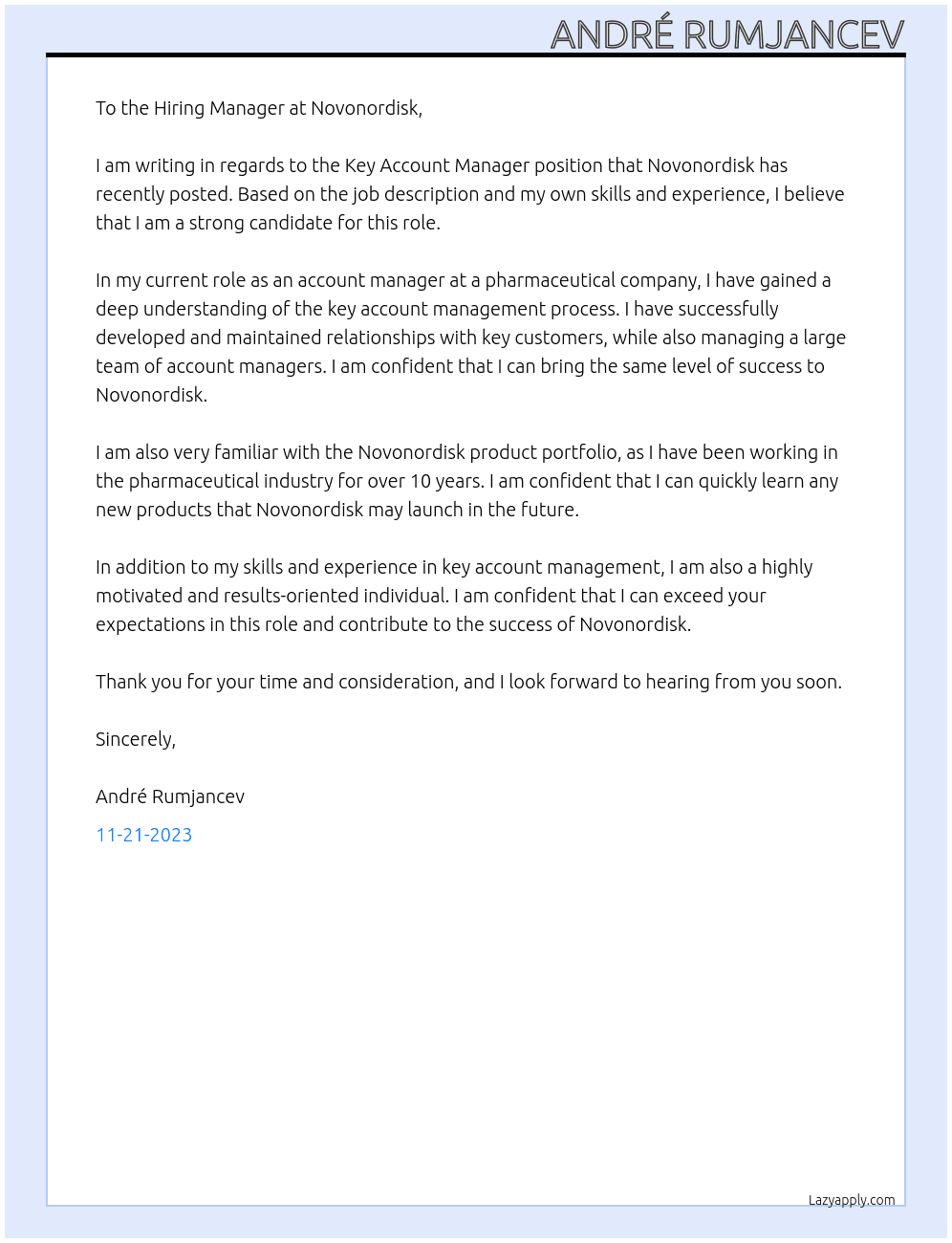 Key Account Manger At Novonordisk Cover Letter