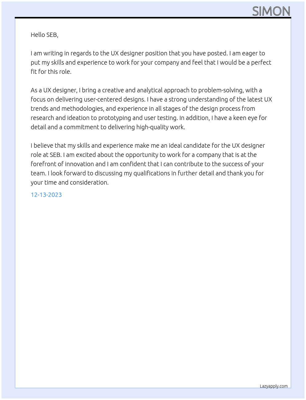 UX designer At SEB Cover Letter