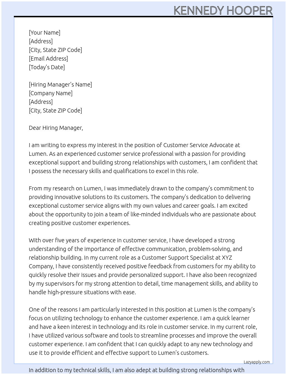 Customer Service Advocate At Lumen Cover Letter