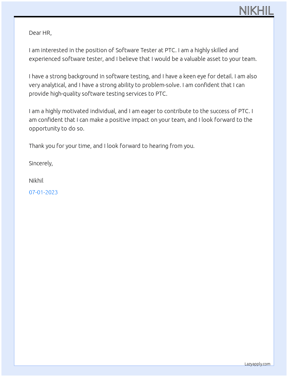 Software Tester At PTC Cover Letter