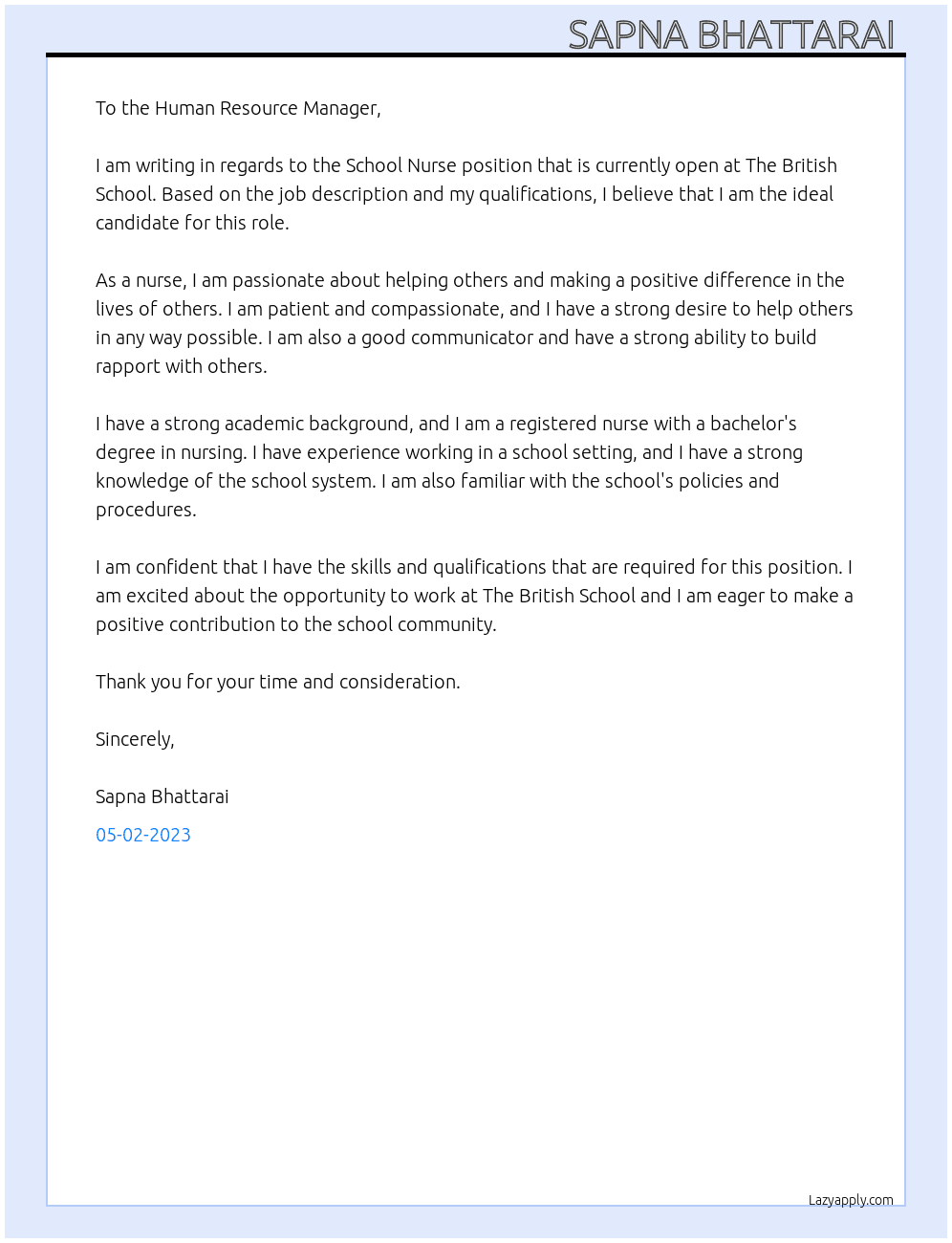 School Nurse  At The British School  Cover Letter