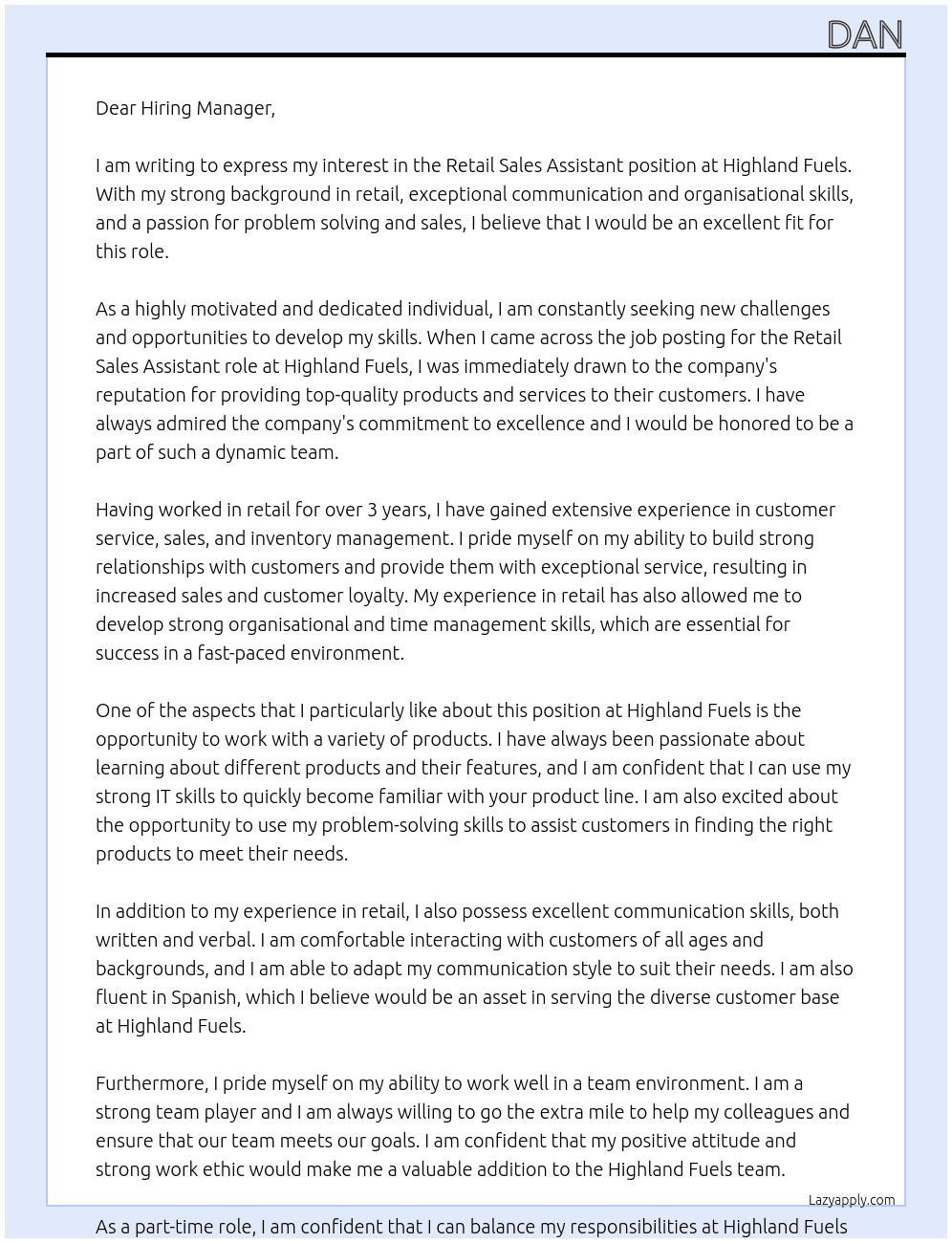 Retail Sales Assistant At Highland Fuels Cover Letter