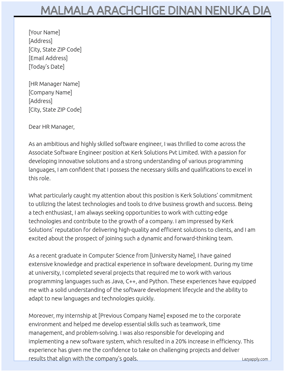 Associate Software Engineers At Kerk Solutions Pvt Limited Cover Letter