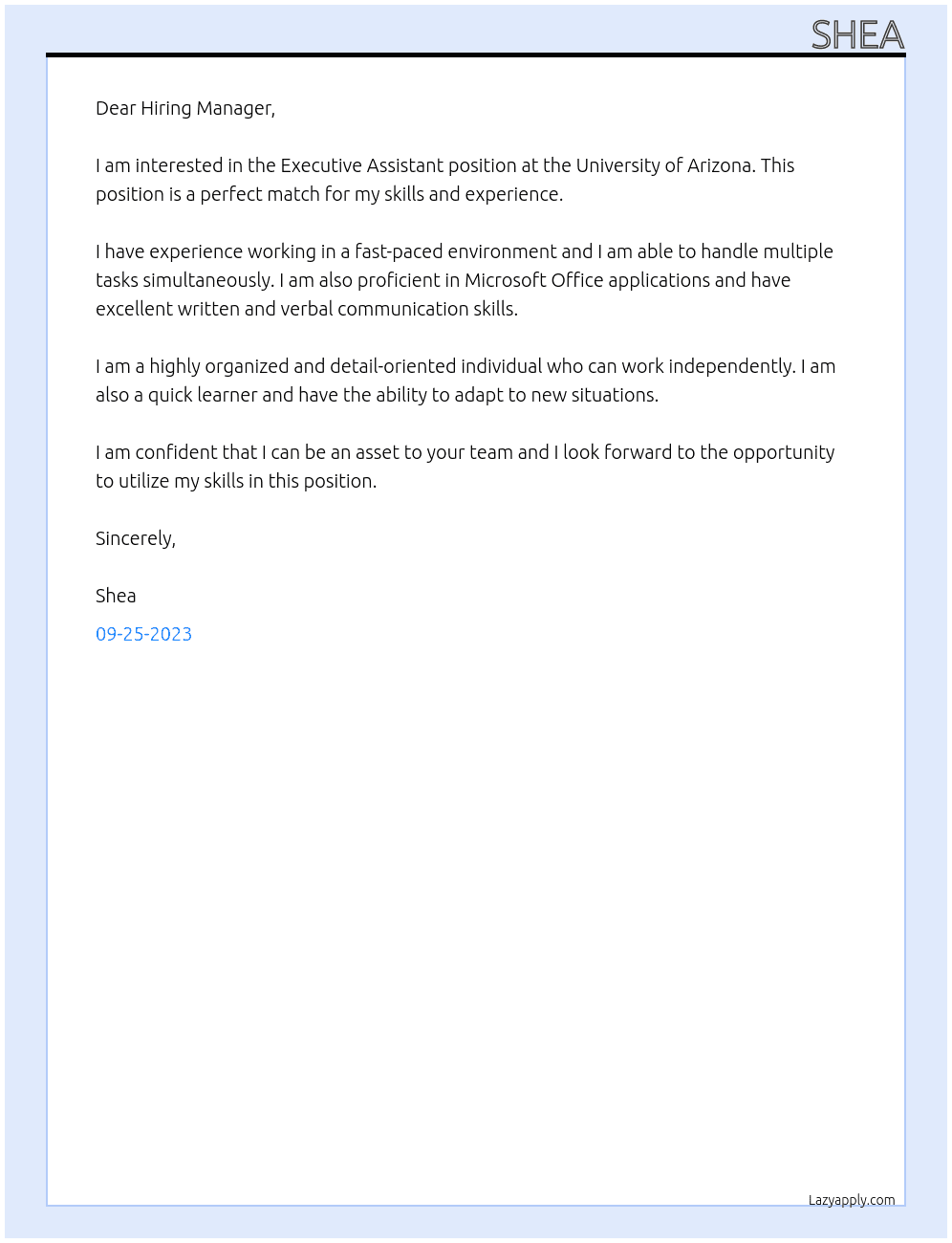 Exective Assistance At University Of Arizona Cover Letter