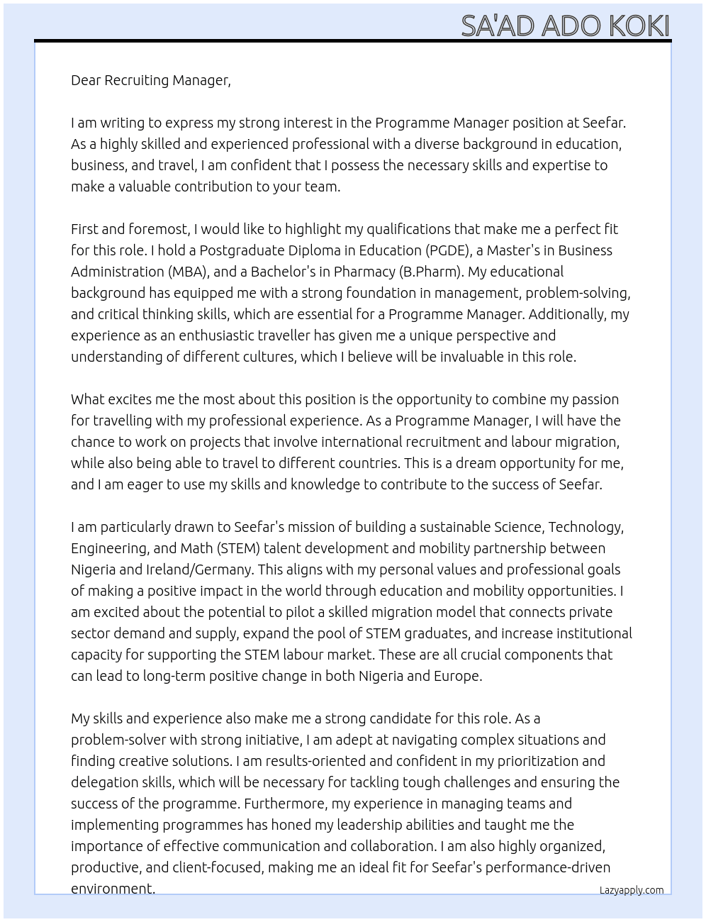 Programme Manager At Seefar Cover Letter