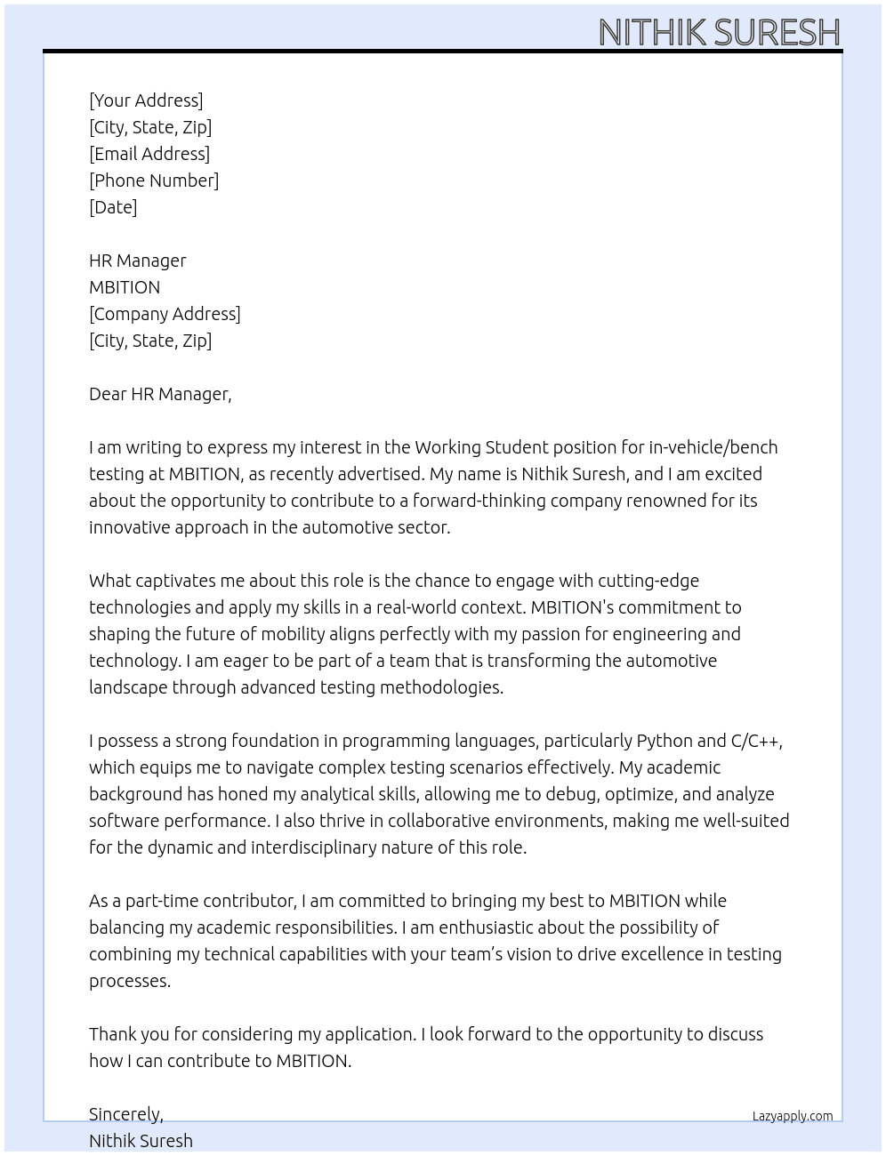 Working Student for in-vehicle/bench testing At MBITION Cover Letter