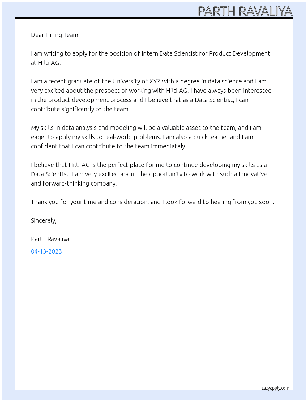 Intern Data scientist for Product Development At Hilti AG Cover Letter