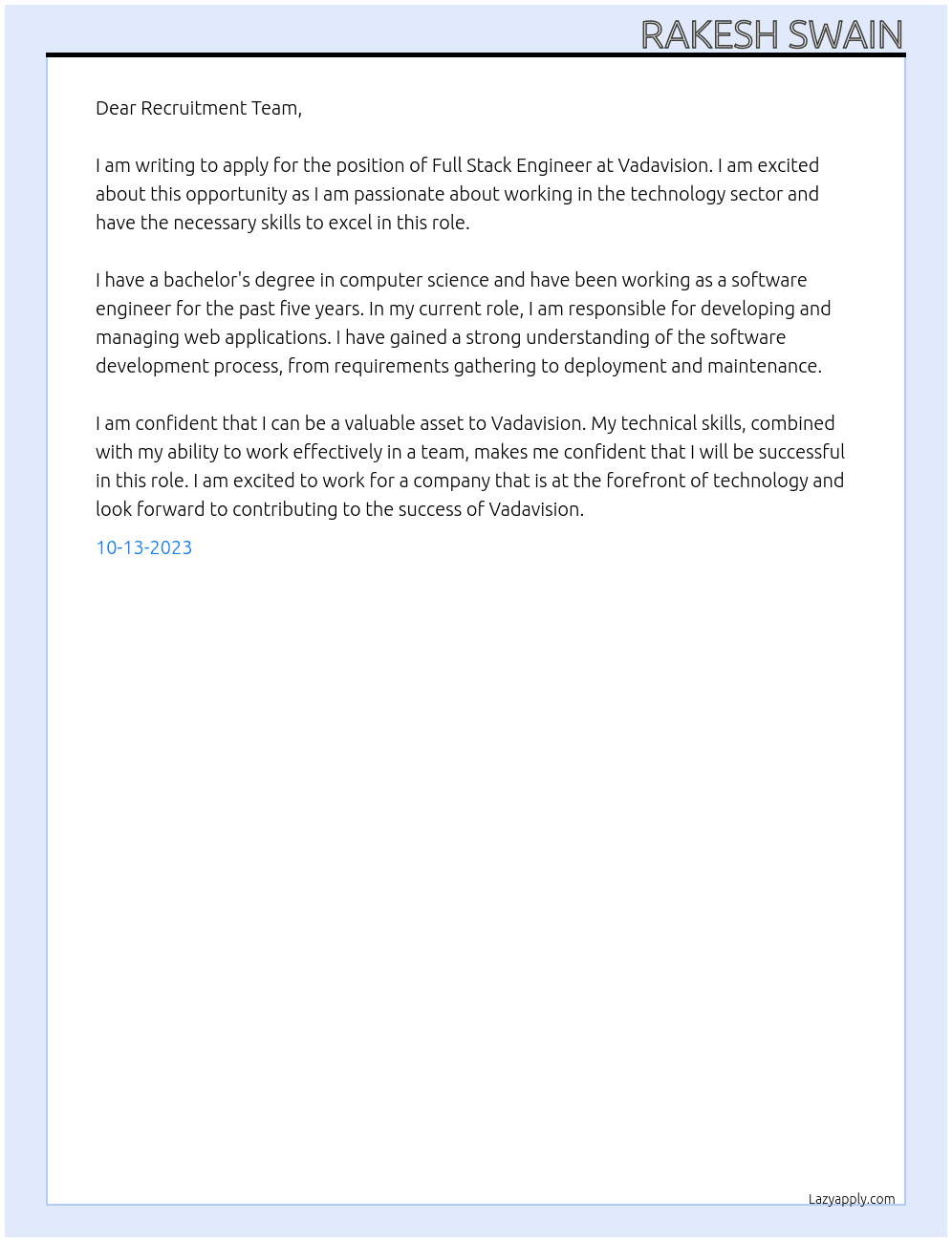 Full Stack Engineer At Vadavision Cover Letter
