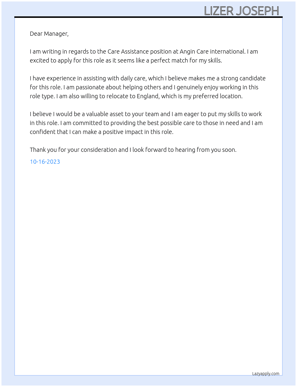 Care Assistance  At Angin Care international  Cover Letter