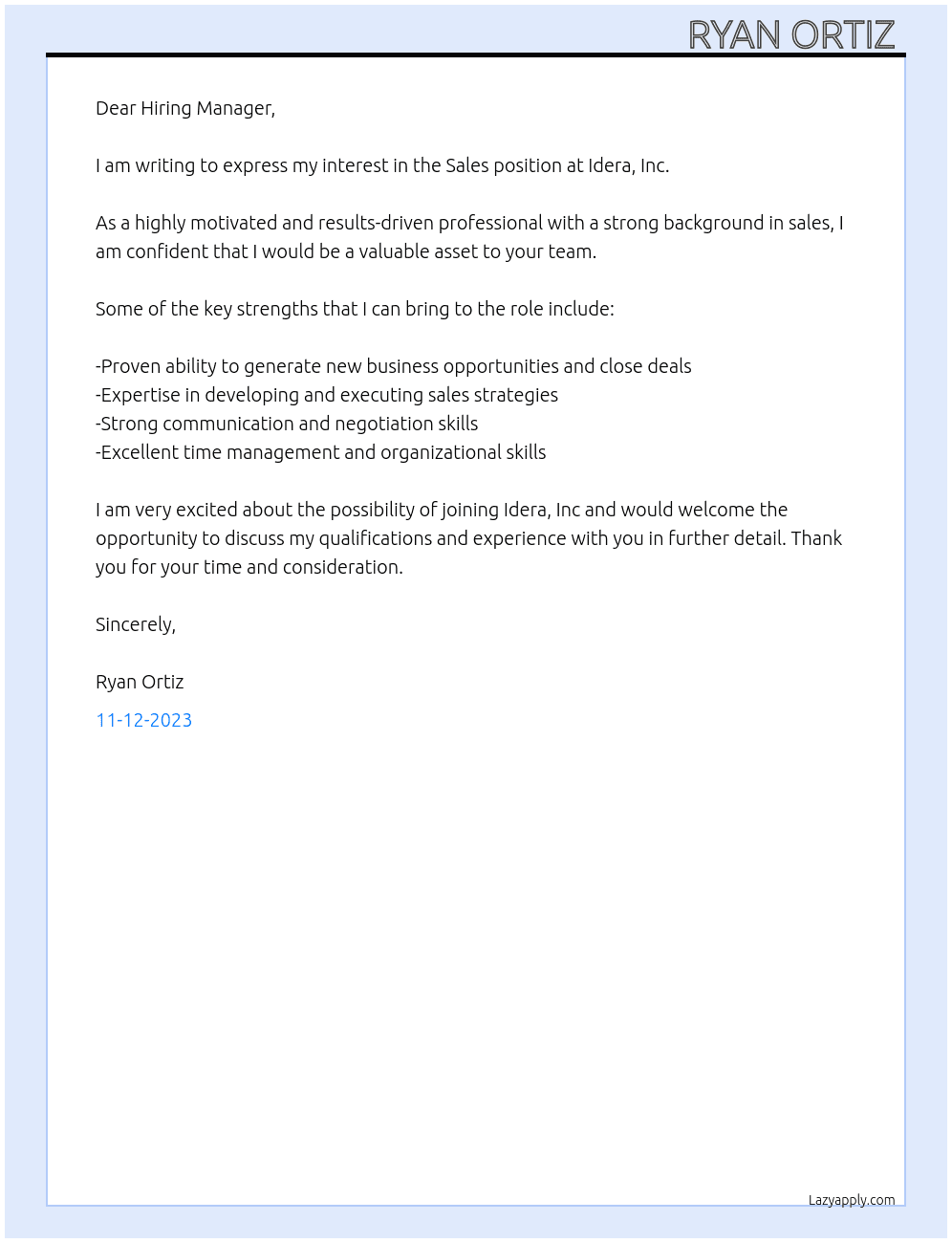 Sales At Idera, Inc Cover Letter