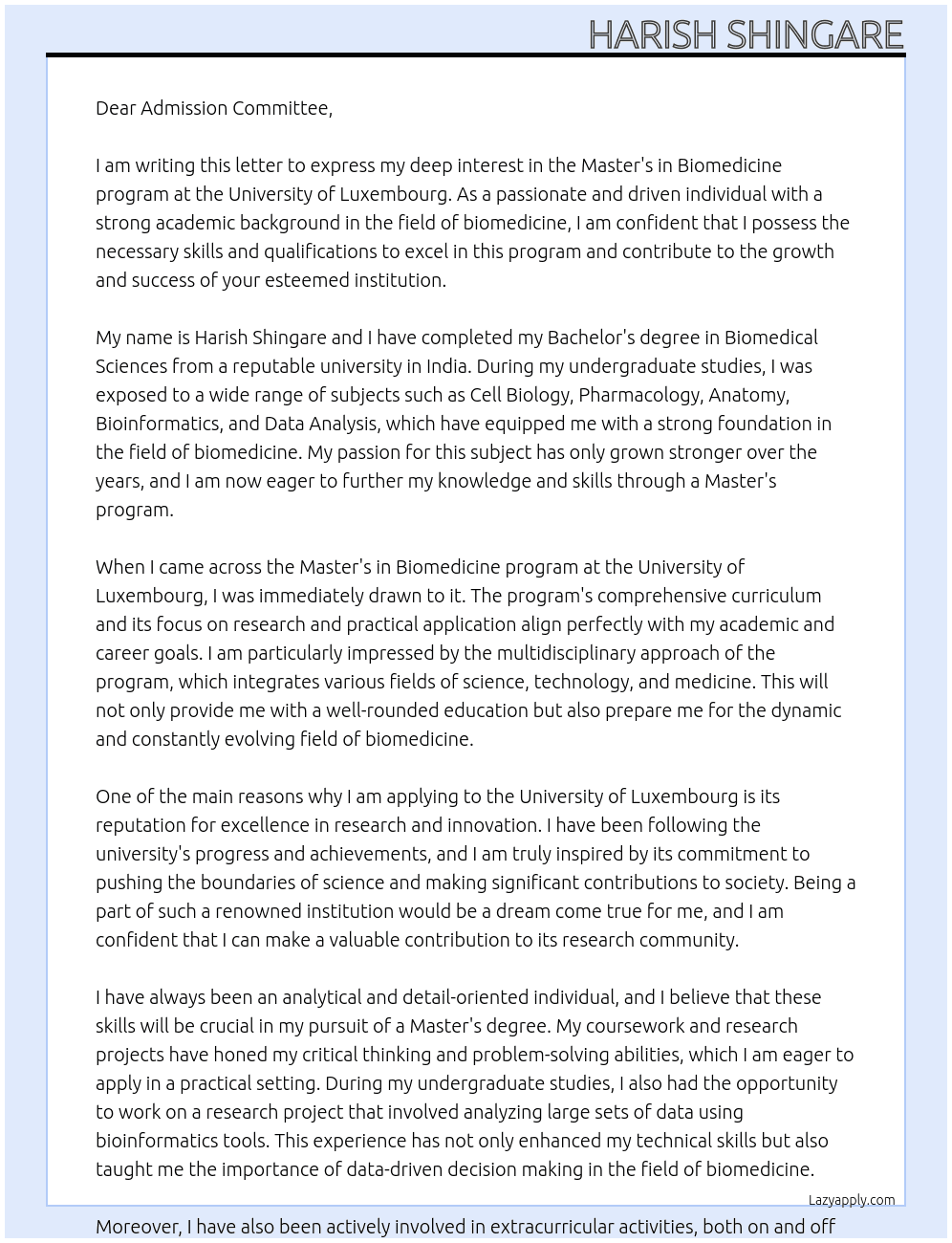 masters in biomedicine  At university of Luxembourg Cover Letter