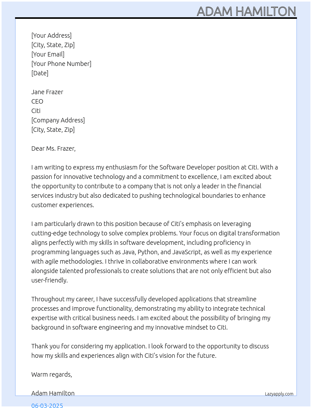 Software Developer At Citi Cover Letter