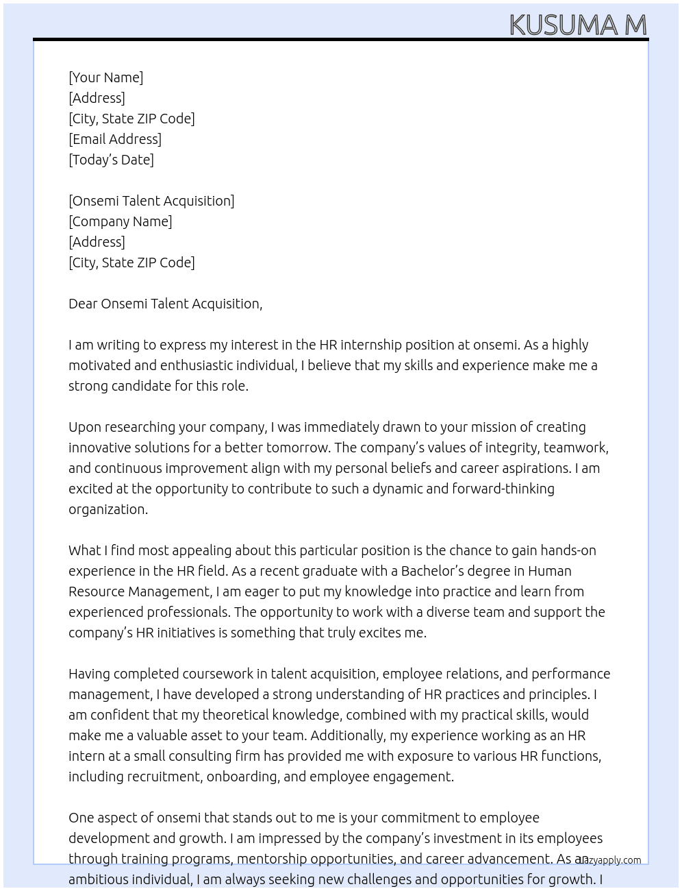HR internship At onsemi Cover Letter