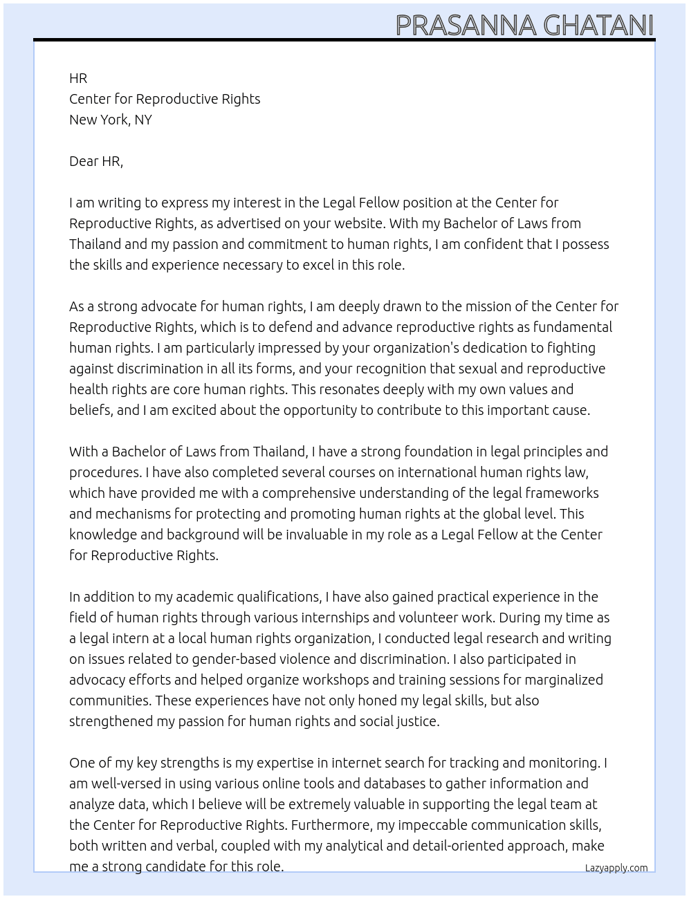 Legal Fellow At Center for Reproductive Rights Cover Letter