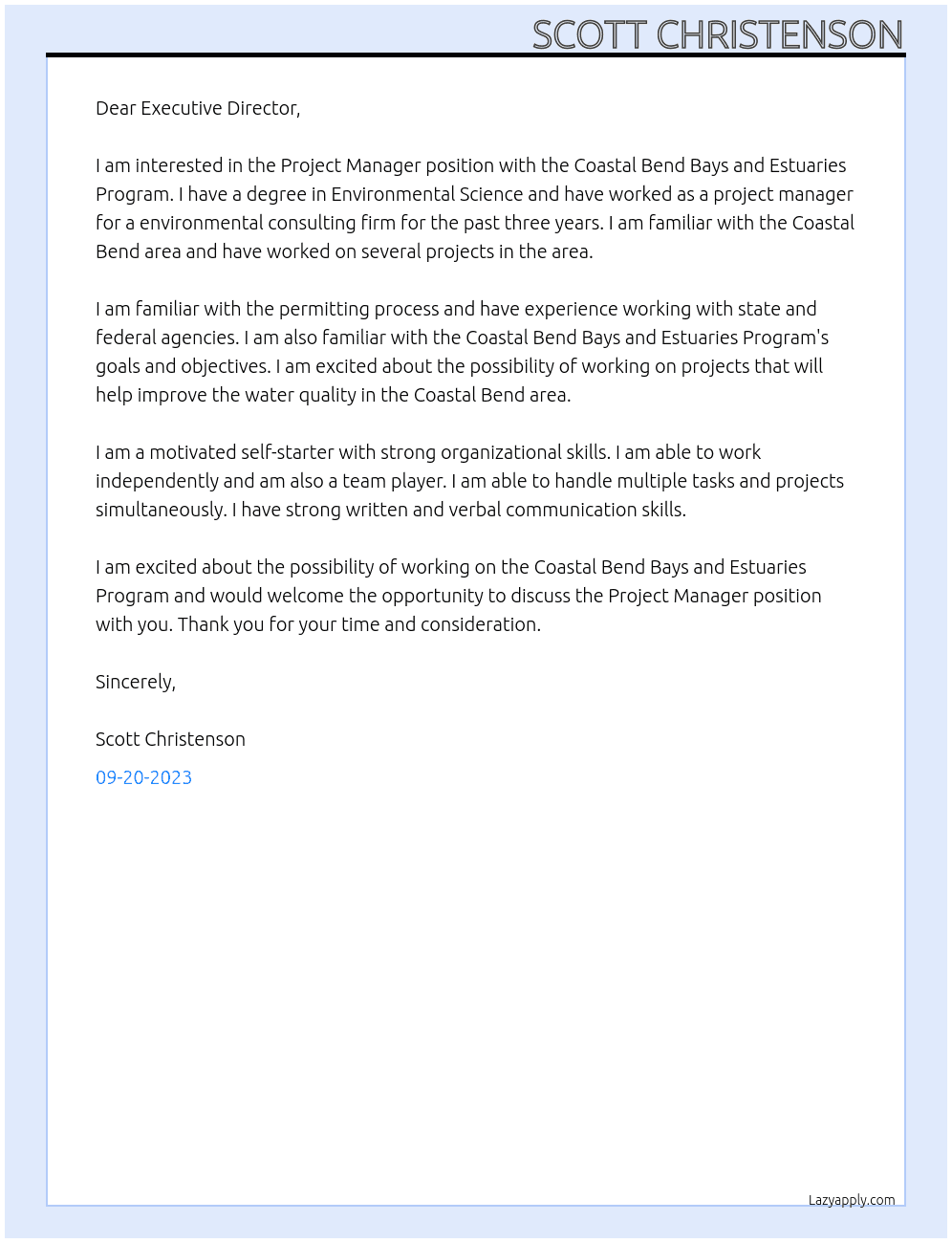 Project Manager At Coastal Bend Bays and Estuaries Program Cover Letter