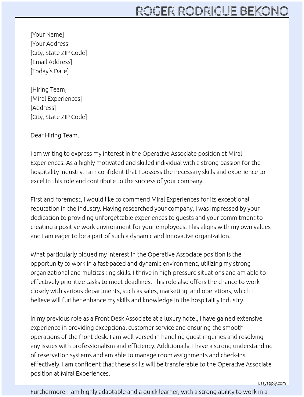 Operative associate At Miral Experiences Cover Letter