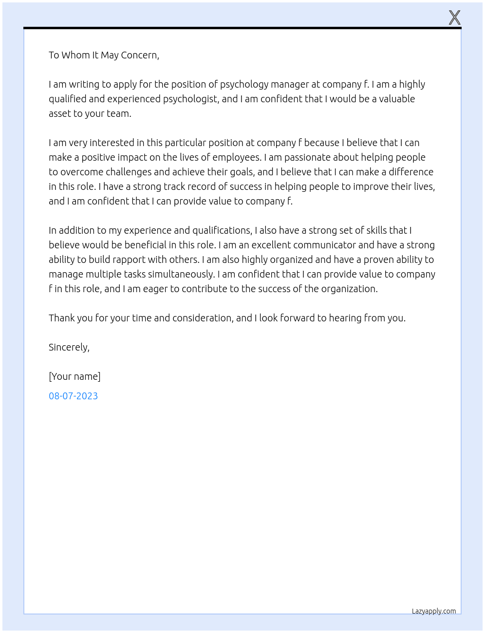 psychology  At f Cover Letter