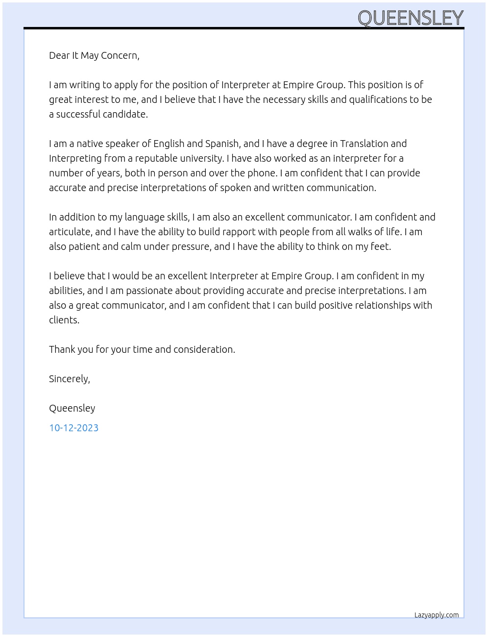 Interpreter At Empire Group Cover Letter