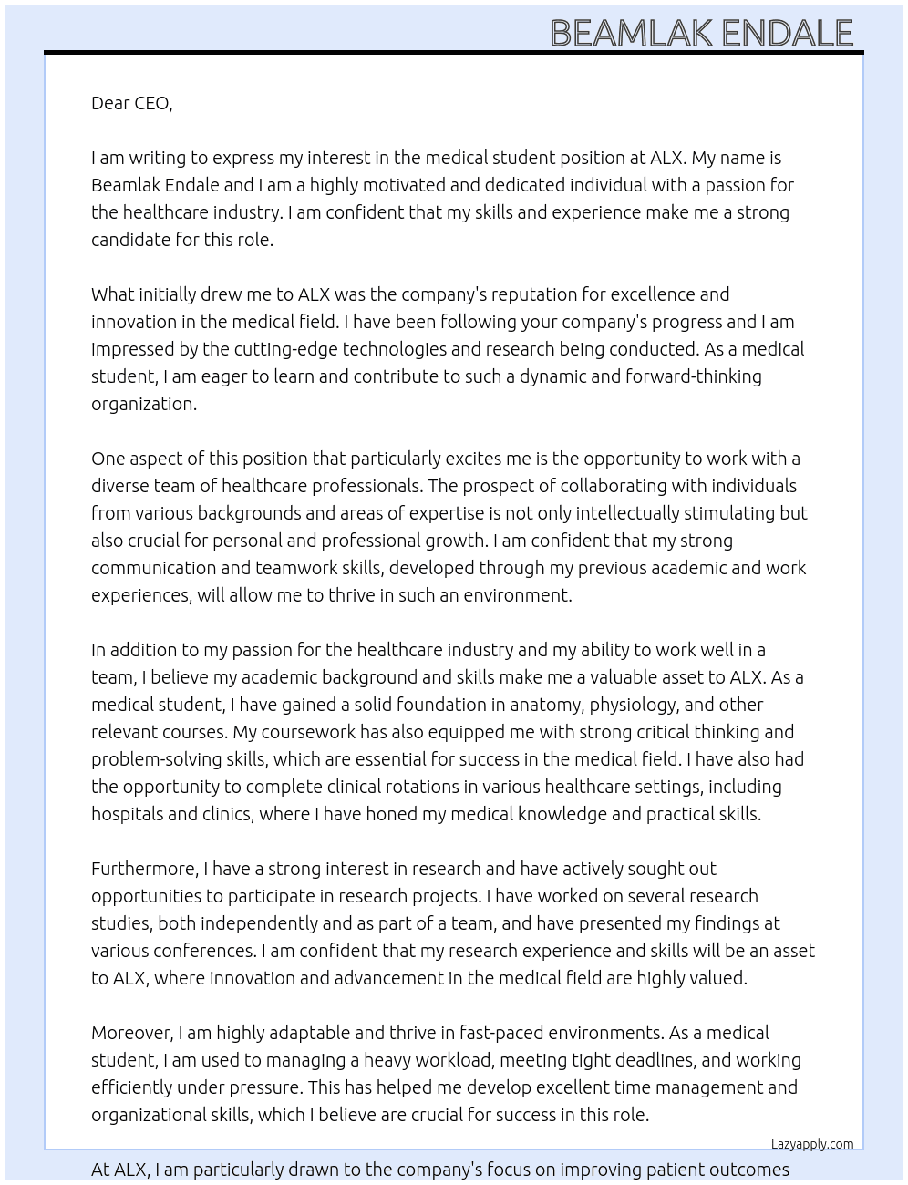 medical student At alx Cover Letter