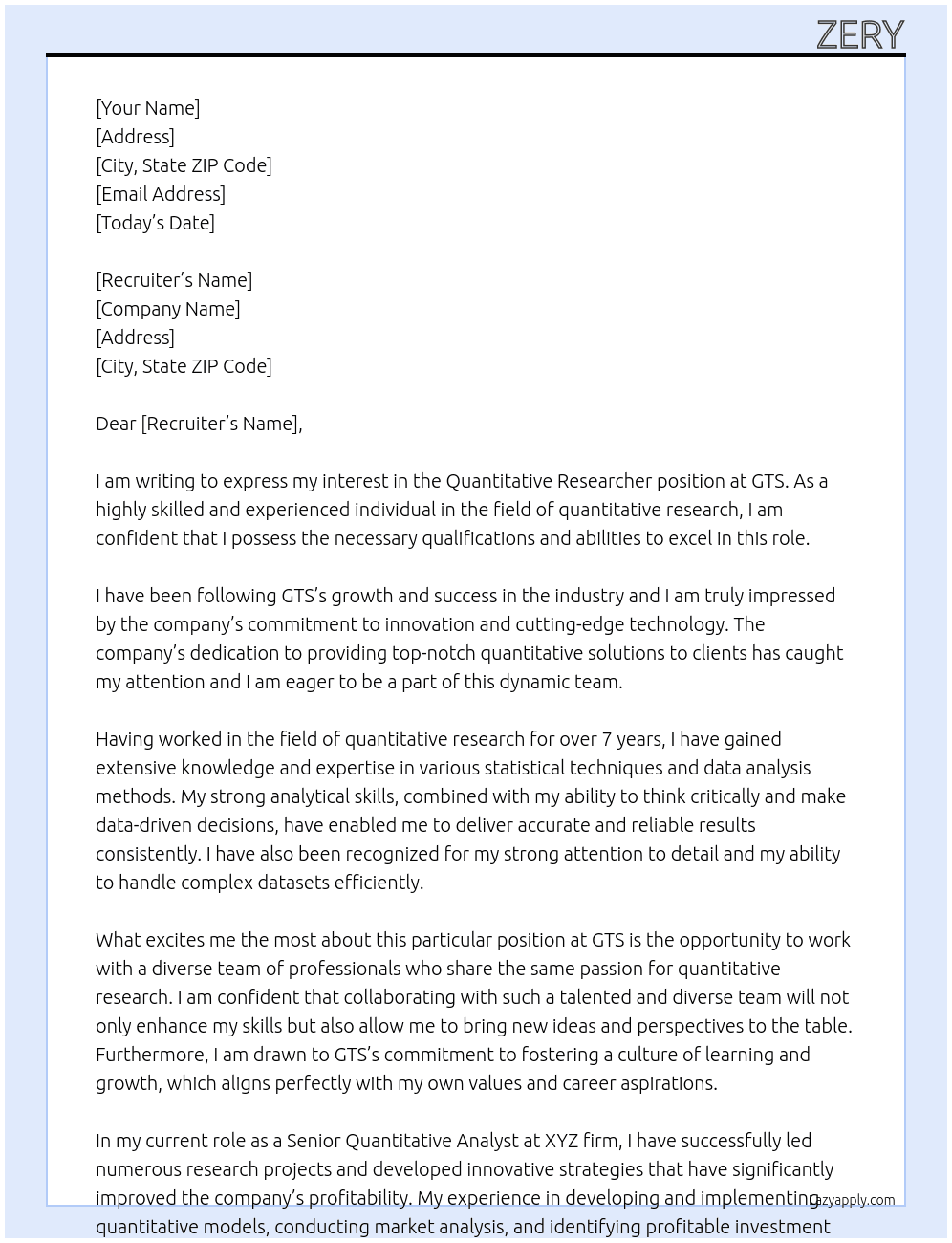 Quantitative Researcher At GTS Cover Letter