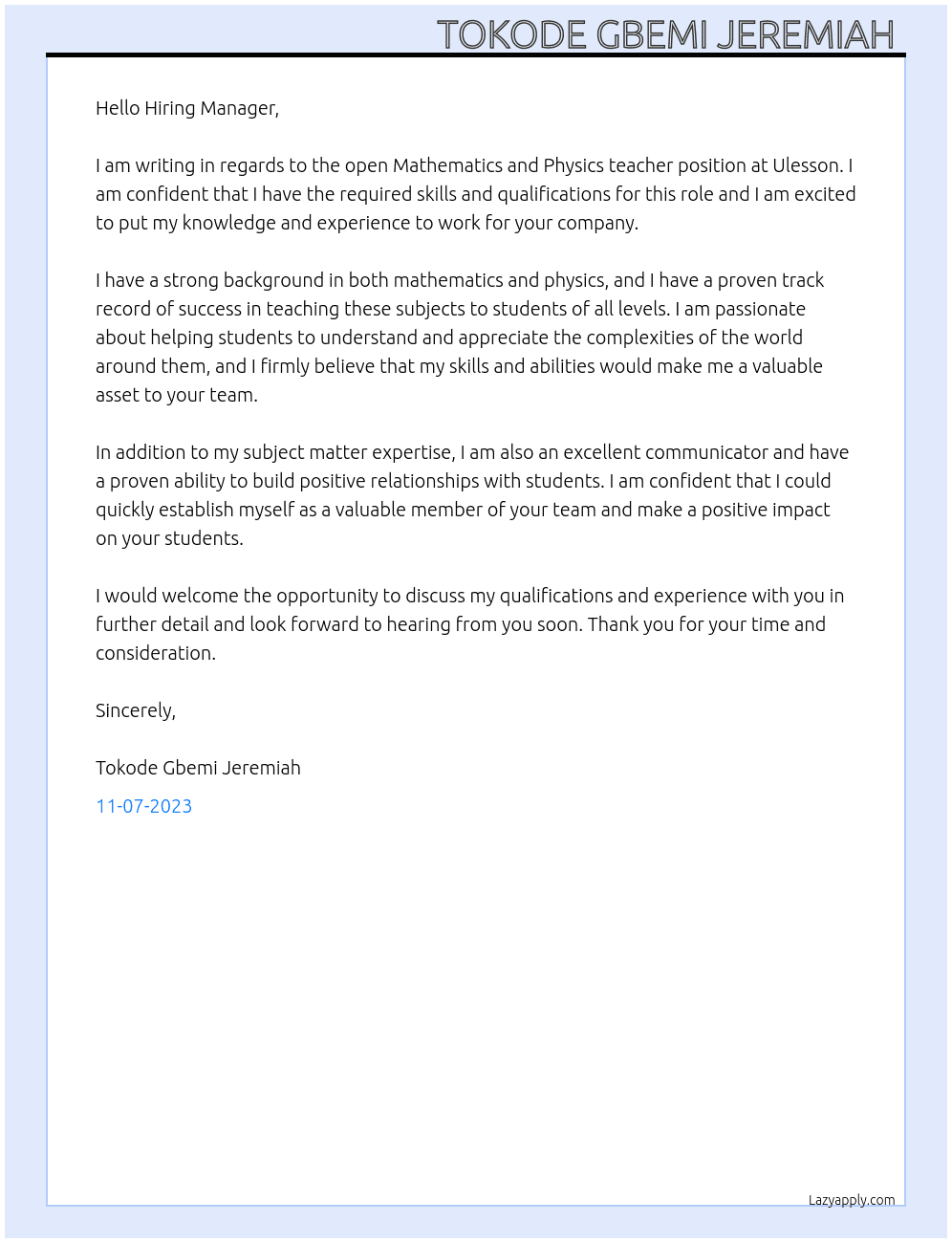 Mathematics and physics teacher At Ulesson Cover Letter