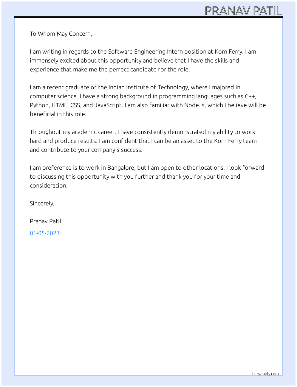 Software Engineering Intern At Korn Ferry Cover Letter