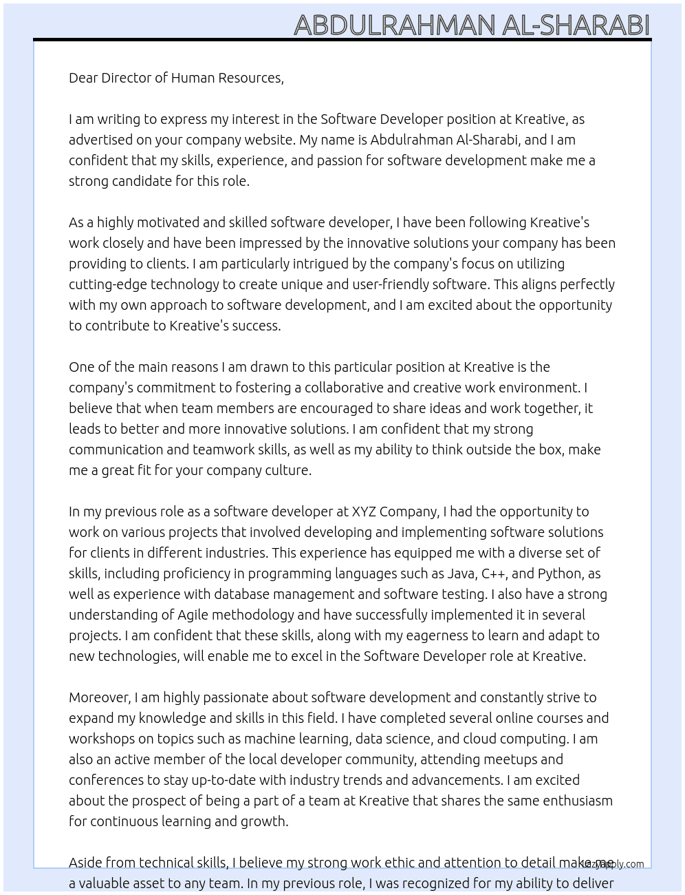 Software Developer At Kreative Cover Letter