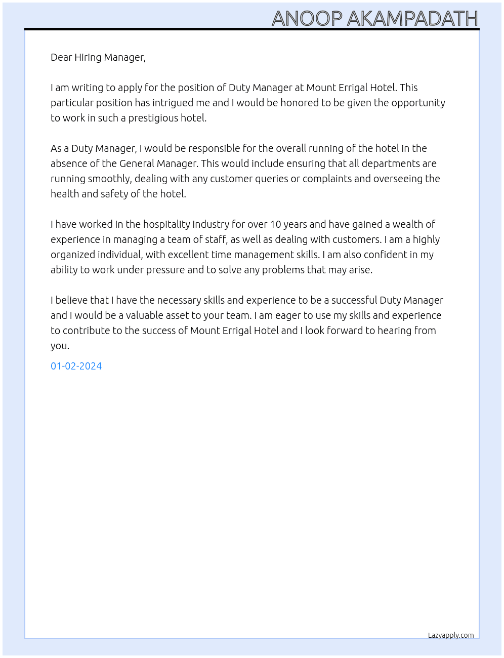 Duty Manager At Mount Errigal Hotel Cover Letter