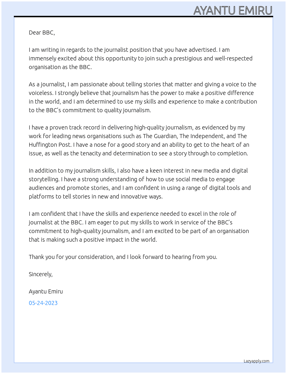 journalist  At BBC Cover Letter